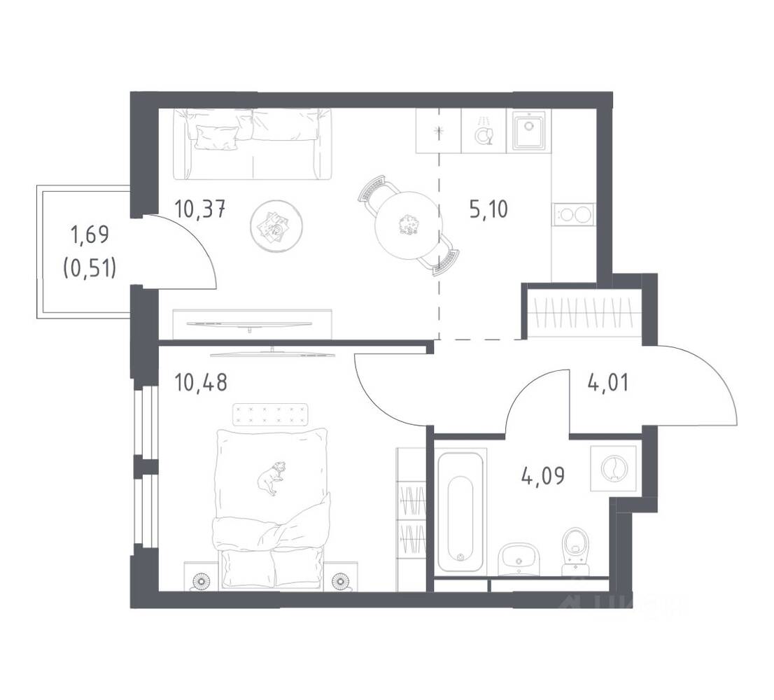 1-комн. квартира, 34,56 м², в ЖК Космический Квартал