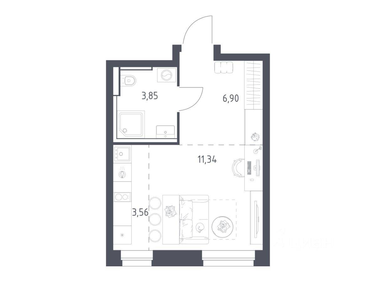 Планировка 1 комнатной квартиры, 25.65 м², в «Квартал Строгино»