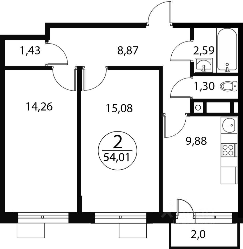 2-комн. квартира, 54,01 м², в ЖК «Катуар»