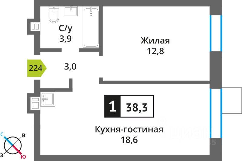 1-комн. квартира, 38,3 м², в ЖК Лесная Отрада