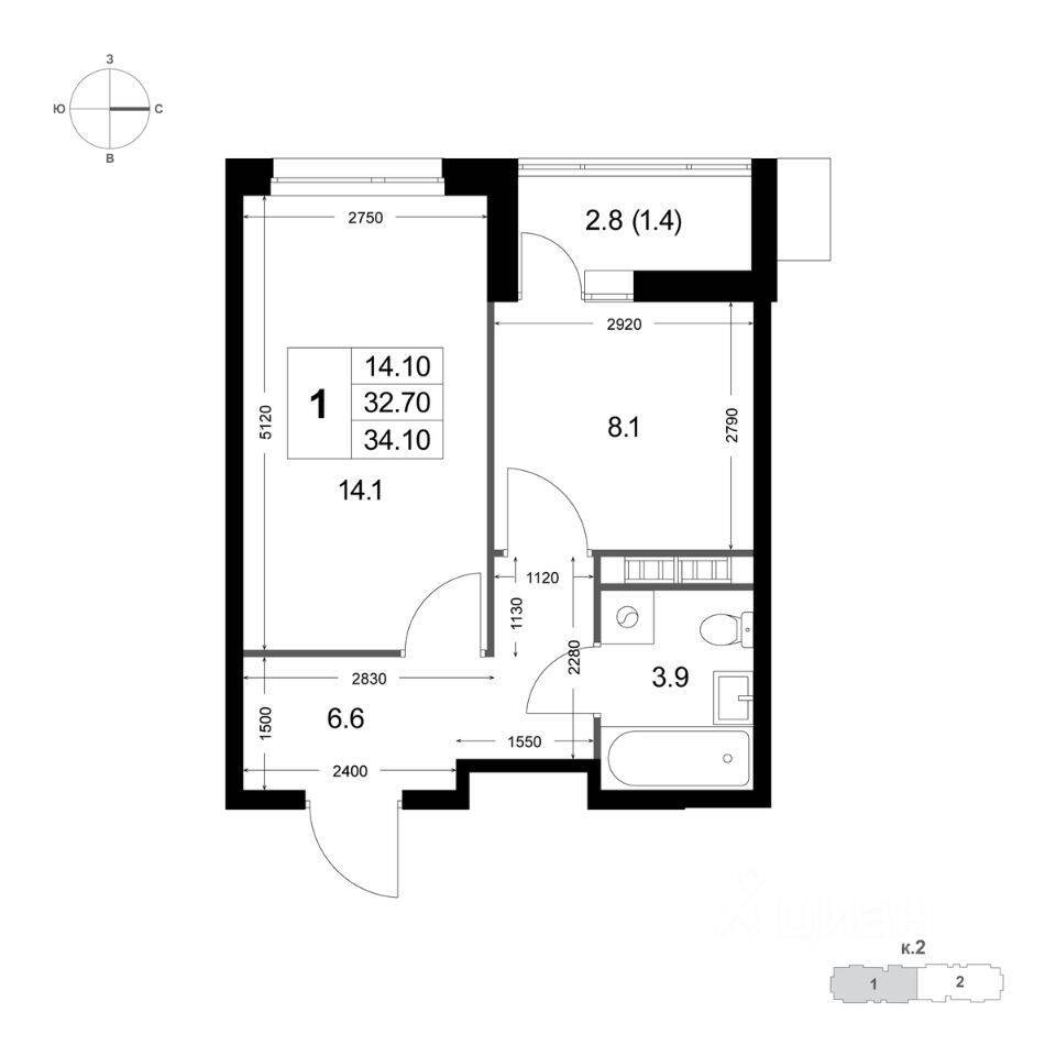 1-комн. квартира, 34,2 м², в ЖК «Легенда Коренево»
