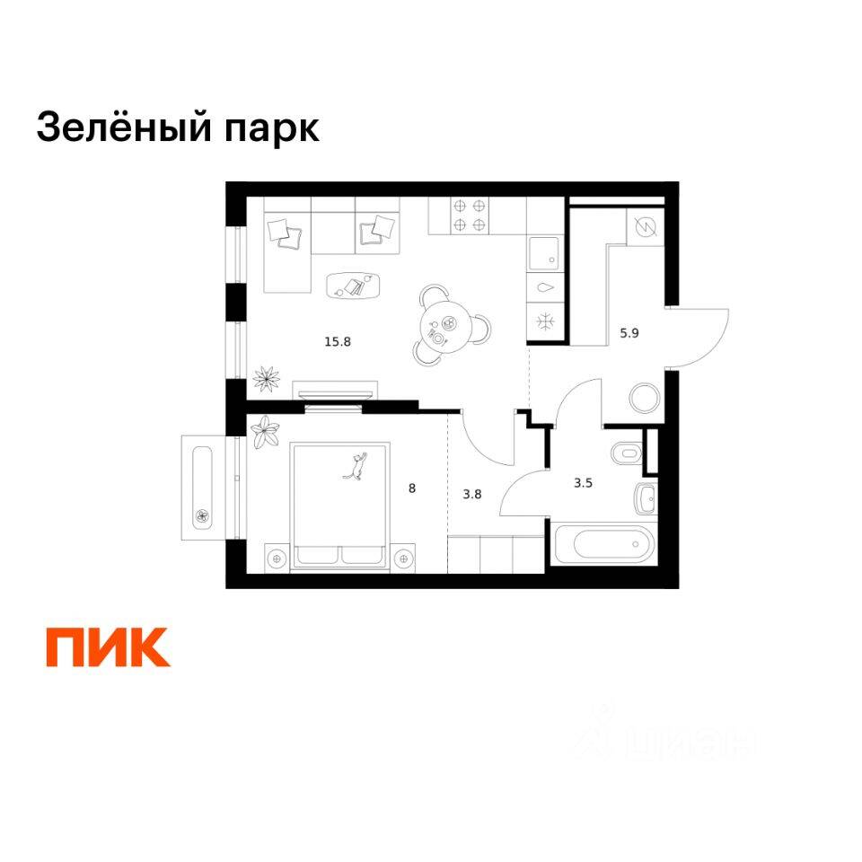 1-комн. квартира, 37 м², в ЖК Зеленый парк