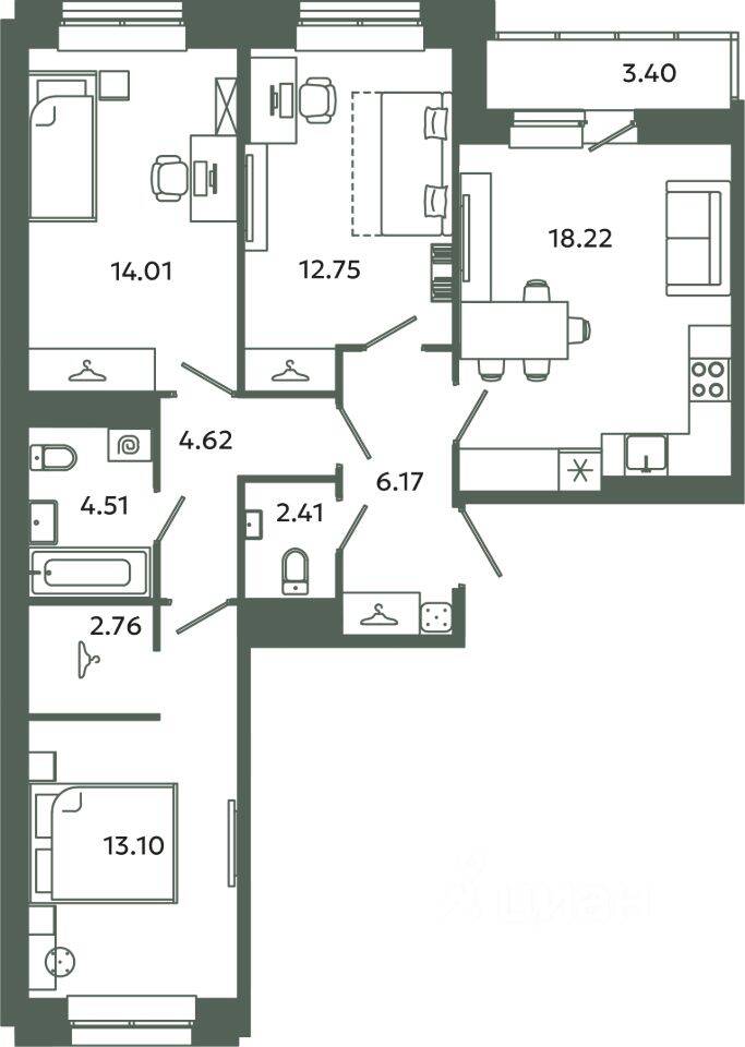 3-комн. квартира, 78,55 м², в ЖК Загляденье