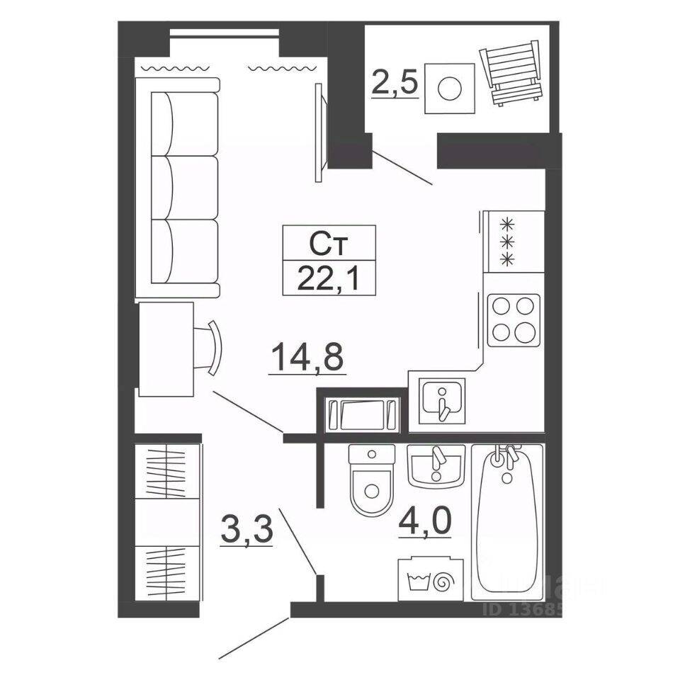 Квартира-студия, 22,1 м², в ЖК Рубеж