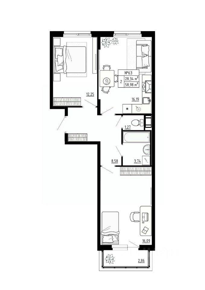 2-комн. квартира, 58,98 м², в Малоэтажный ЖК Аннино Сити