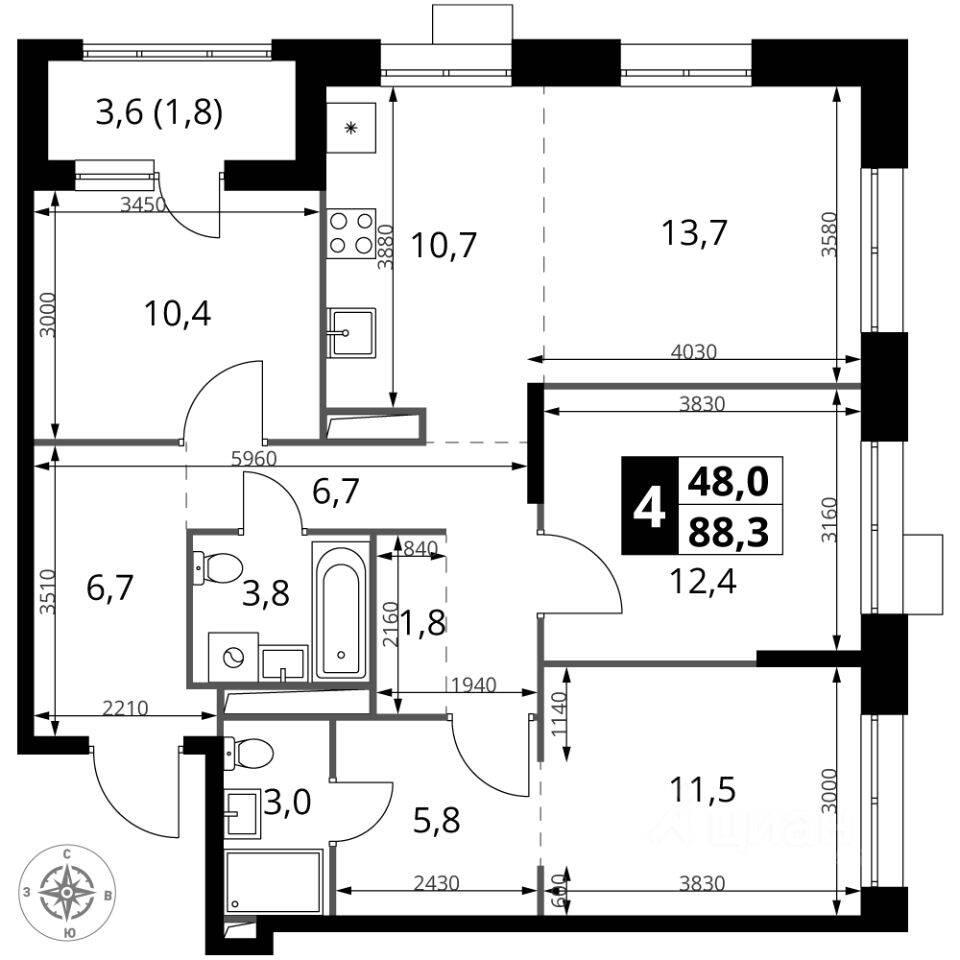4-комн. квартира, 88,3 м², в ЖК 1-й Саларьевский