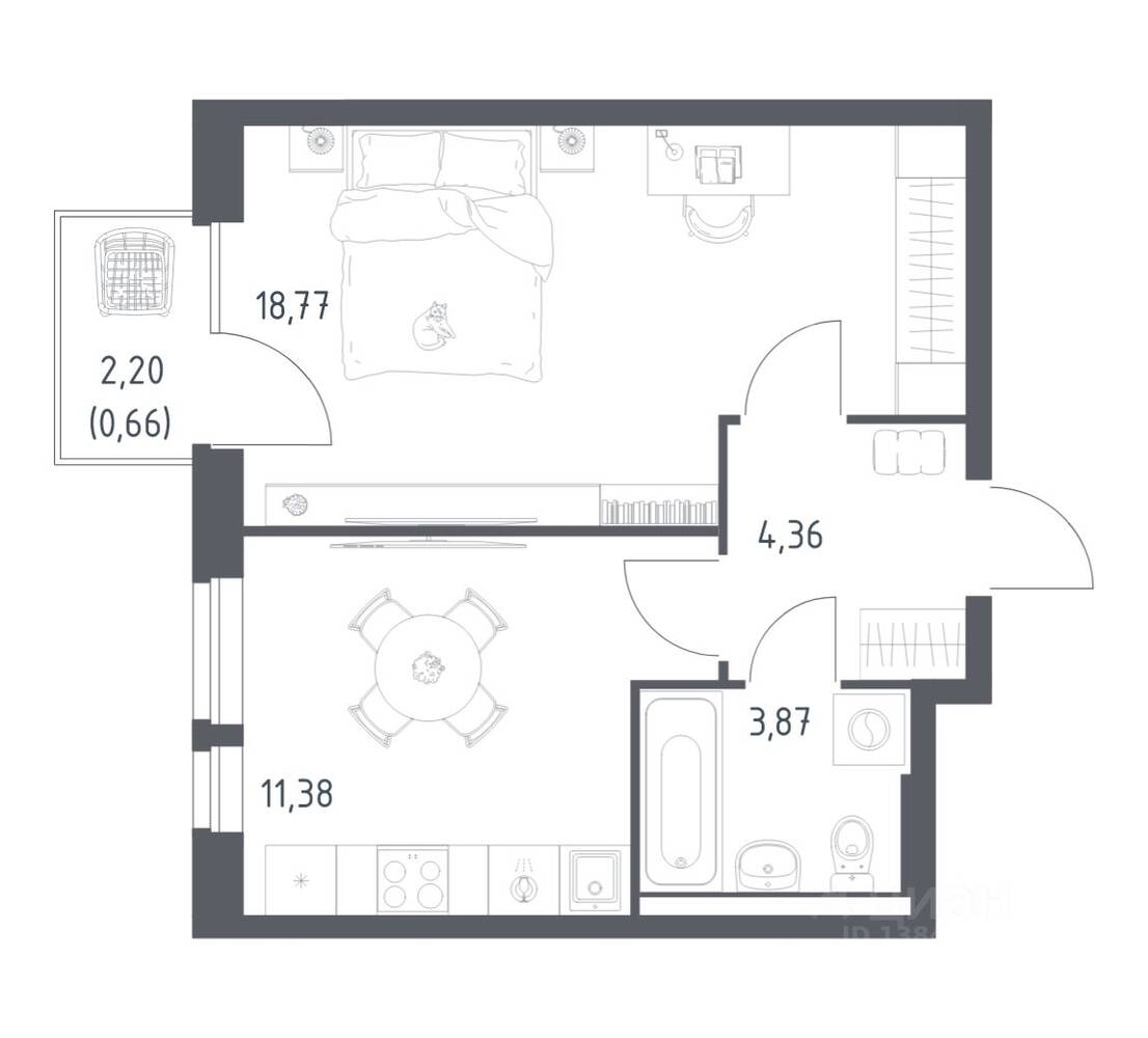 1-комн. квартира, 39,04 м², в ЖК Квартал Авиаторов
