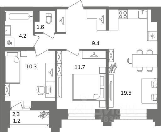 2-комн. квартира, 56,7 м², в ЖК Антверпен