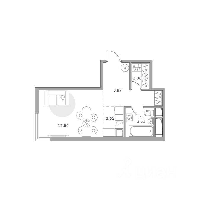 Планировка 1 комнатной квартиры, 27.89 м², в «Аникеевский»