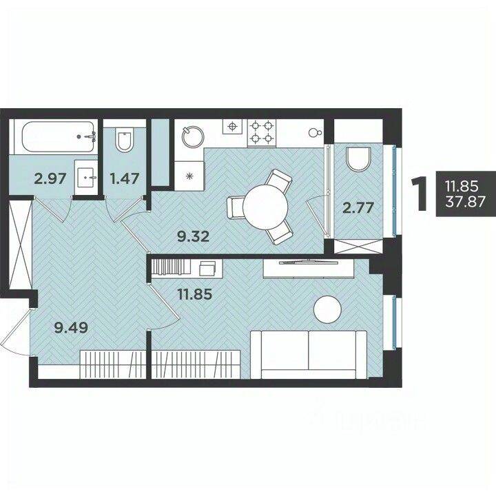 Планировка 1 комнатной квартиры, 37.87 м², в «Новокасимово»