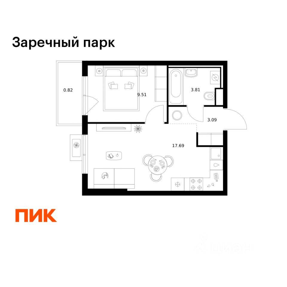 1-комн. квартира, 34,92 м², в ЖК Заречный парк