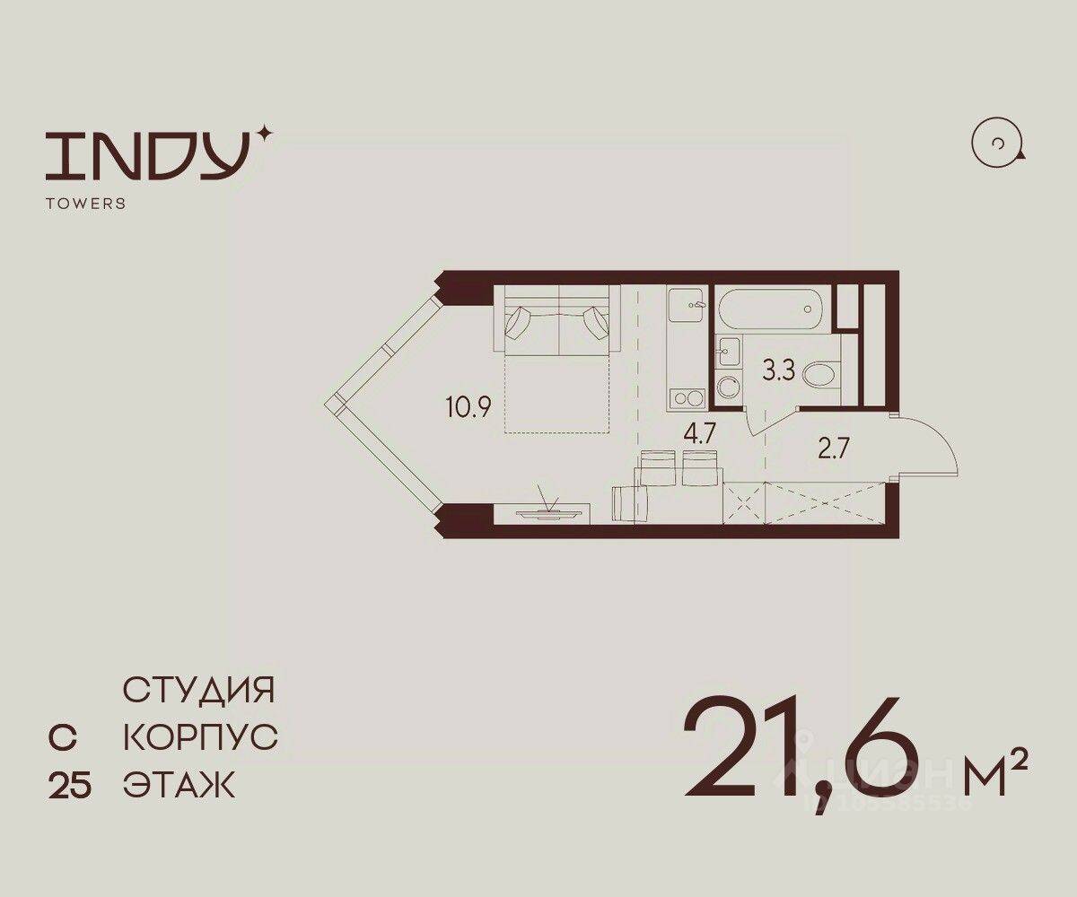 Планировка 1 комнатной квартиры, 21.6 м², в «Indy Towers»