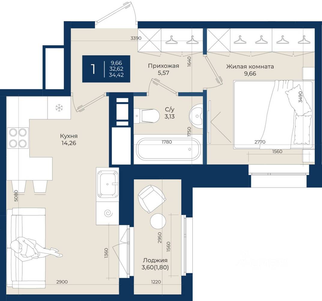1-комн. квартира, 34,42 м², в ЖК «Новатория»