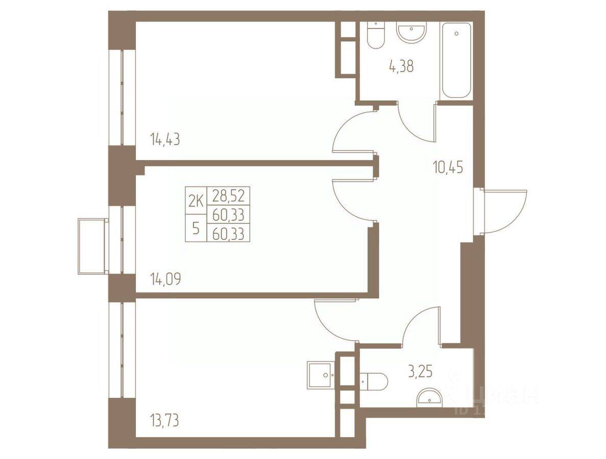2-комн. квартира, 60,33 м², в ЖК Фабрикант