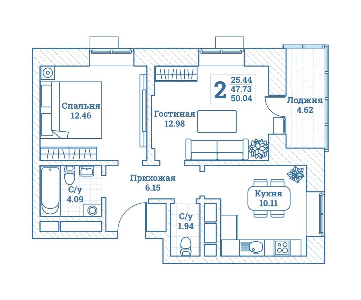 2-комн. квартира, 50,04 м², в ЖК Новоград Монино