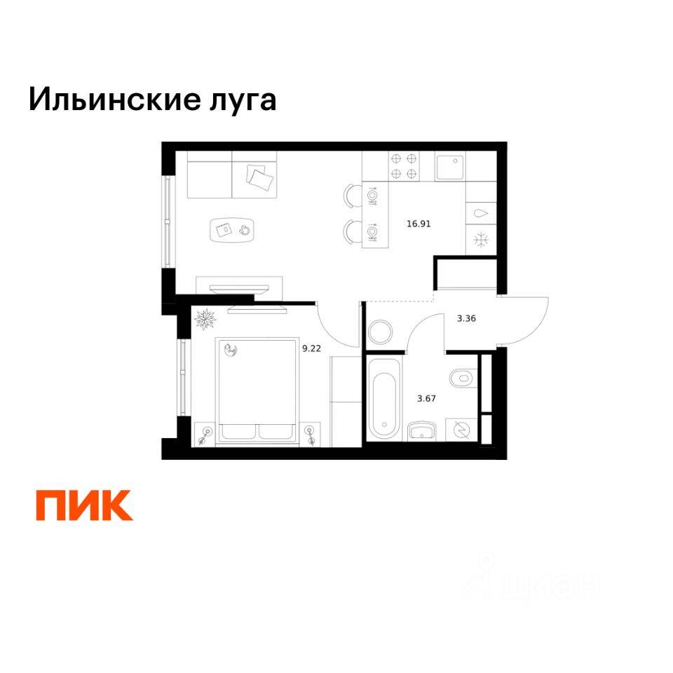 1-комн. квартира, 33,16 м², в ЖК «Ильинские луга»