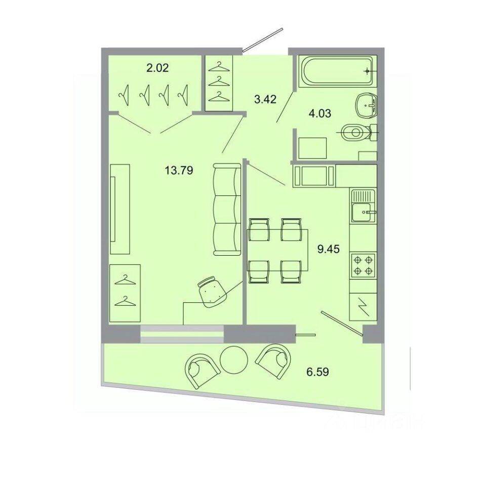 Планировка 1 комнатной квартиры, 34 м², в «Стороны света»