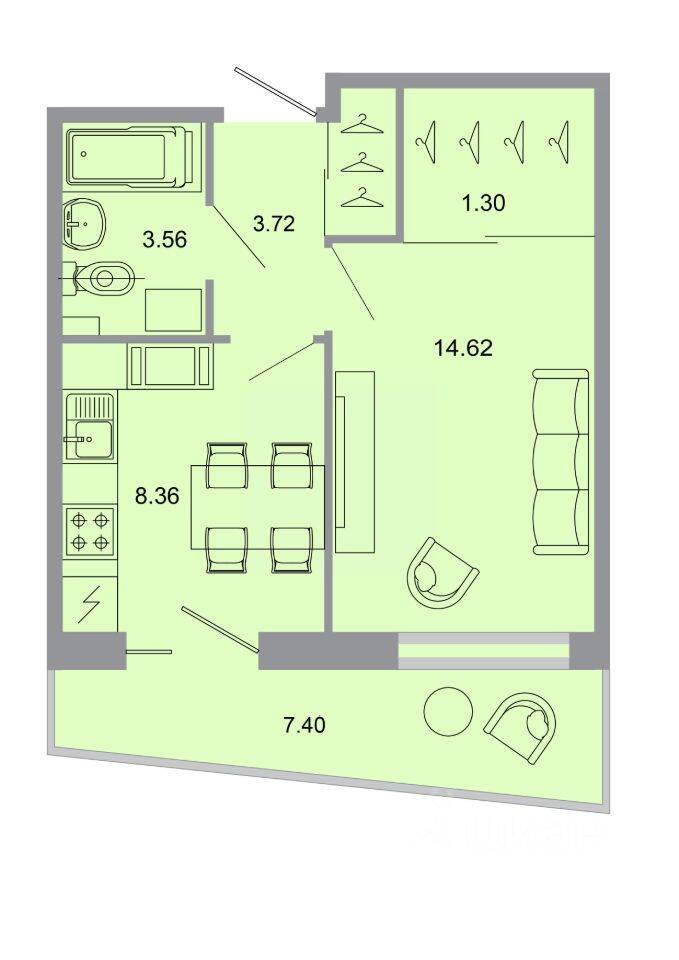 1-комн. квартира, 33,4 м², в ЖК Стороны света