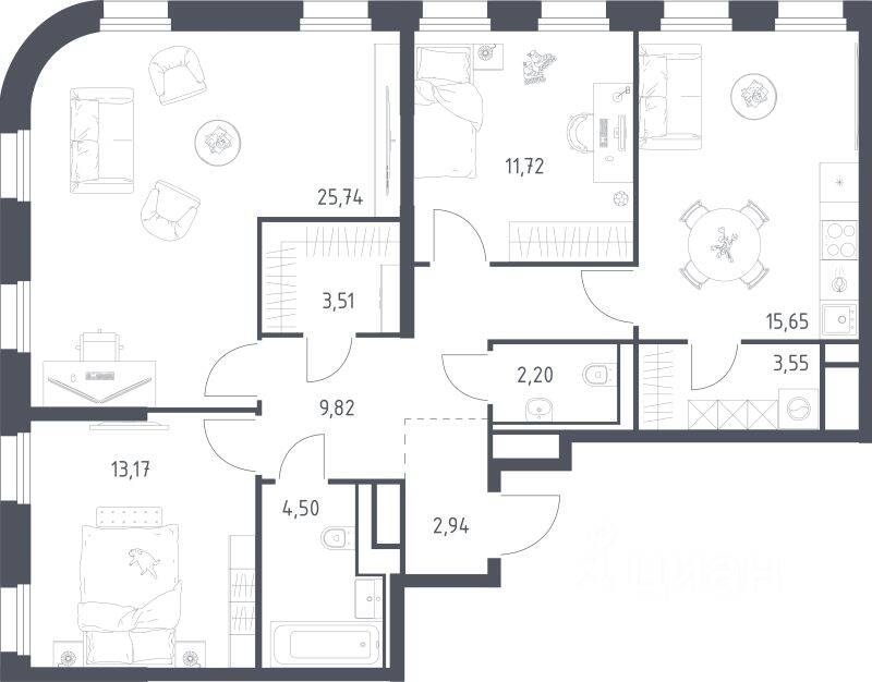3-комн. квартира, 92,8 м², в ЖК Квартал на воде