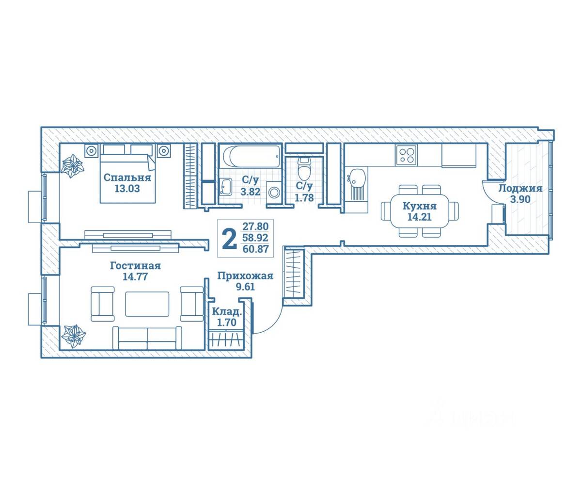 2-комн. квартира, 60,87 м², в ЖК Новоград Монино
