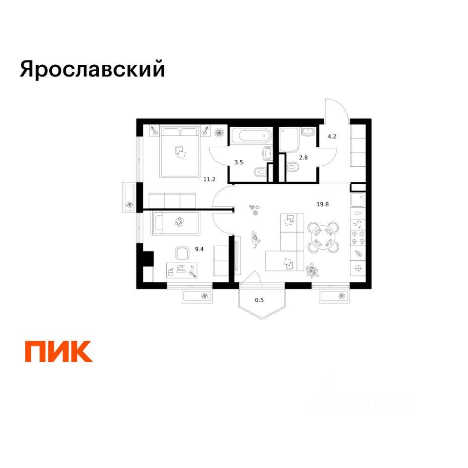2-комн. квартира, 51,4 м², в ЖК «Ярославский»