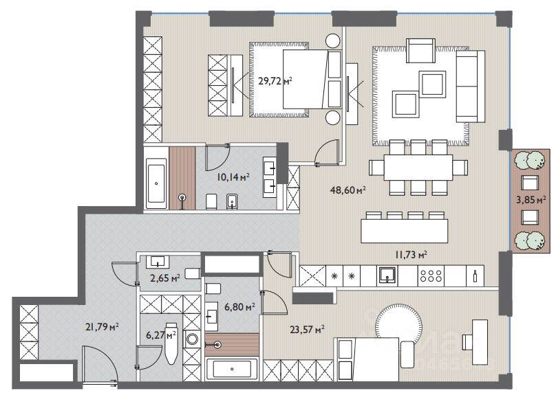 Планировка 2 комнатной квартиры, 166 м², в «Вишневый сад»