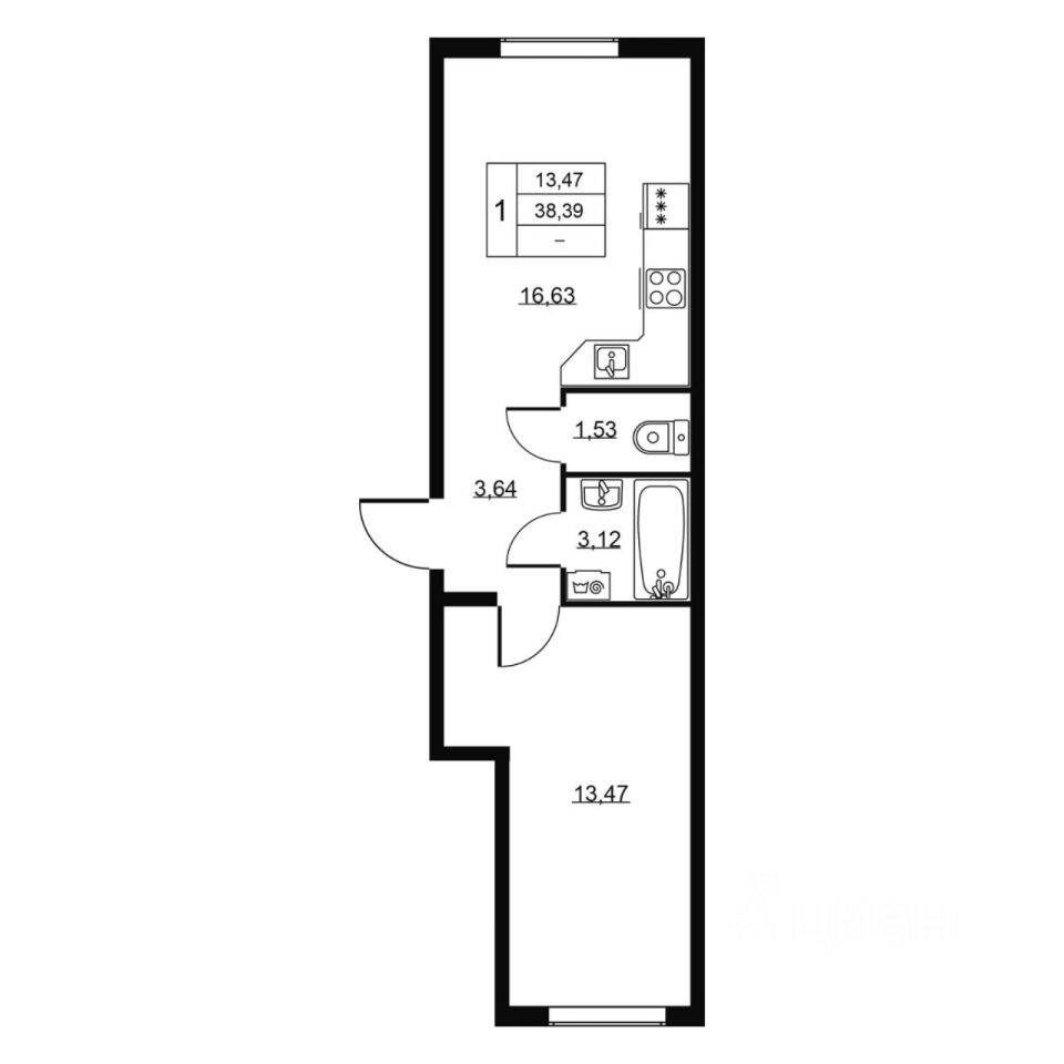 1-комн. квартира, 38,39 м², в ЖК Перспектива
