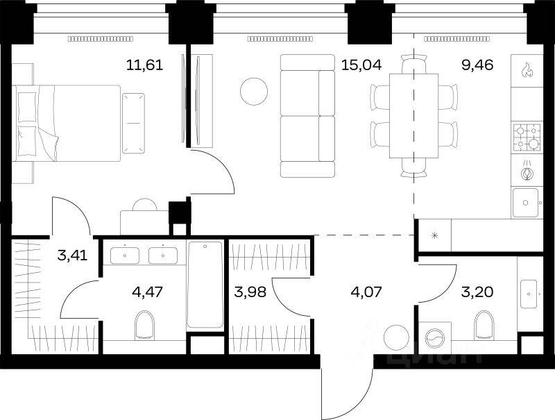 Планировка 1 комнатной квартиры, 55.24 м², в «Nova»