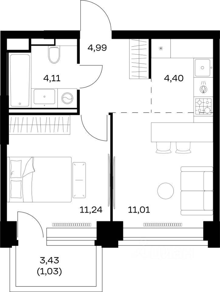 1-комн. квартира, 36,78 м², в ЖК Nova