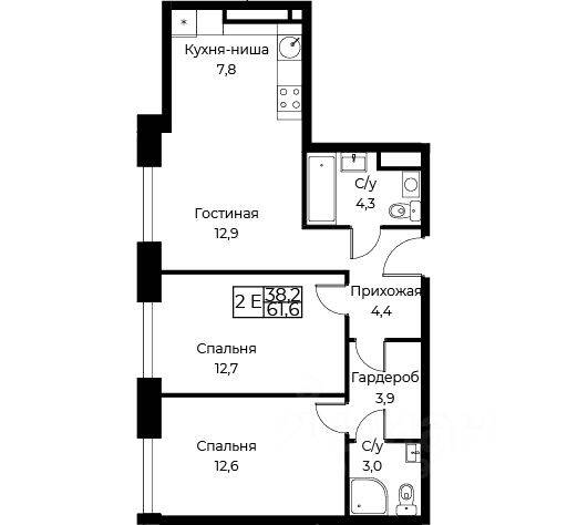 2-комн. квартира, 61,6 м², в Апарт-комплекс Aist Residence