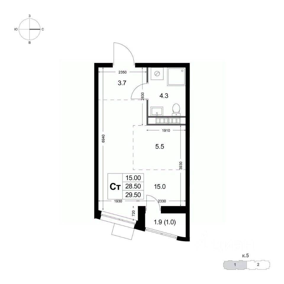 Квартира-студия, 28,5 м², в ЖК «Легенда Коренево»