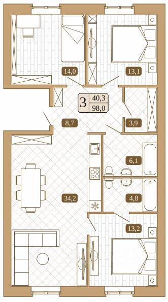 Планировка 3 комнатной квартиры, 98 м², в «Белый город (Сергиев Посад)»