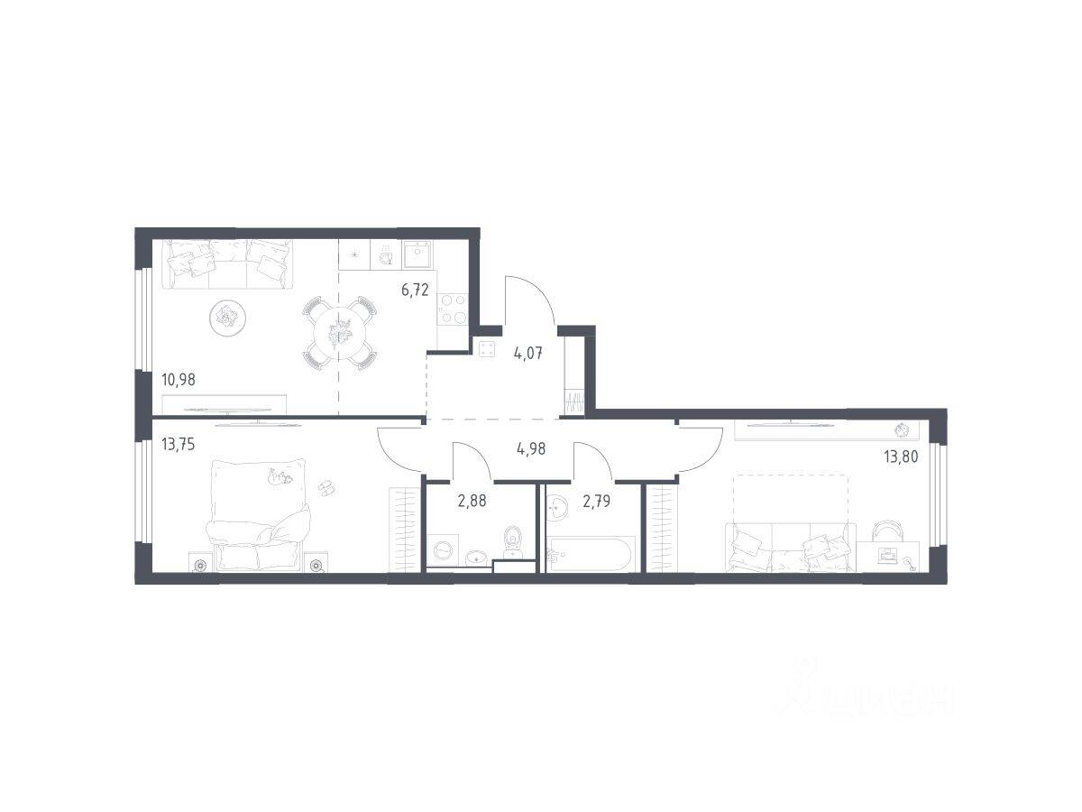2-комн. квартира, 59,97 м², в ЖК «Пригород Лесное»