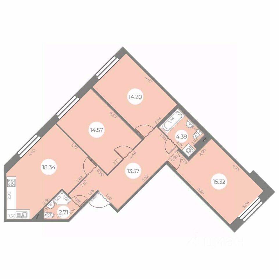 3-комн. квартира, 83,1 м², в ЖК «Огни Залива»