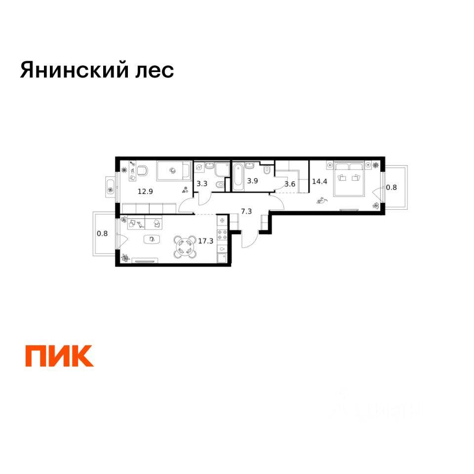 2-комн. квартира, 64,3 м², в ЖК Янинский лес