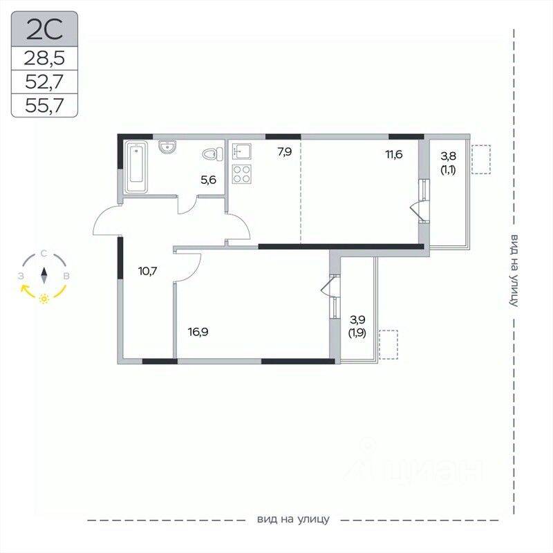2-комн. квартира, 55,7 м², в ЖК «Пироговская Ривьера»