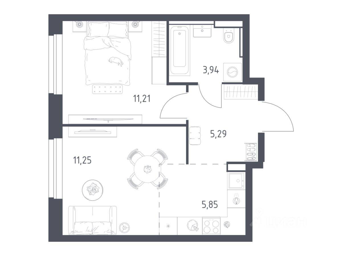 Планировка 1 комнатной квартиры, 37.54 м², в «Квартал Строгино»