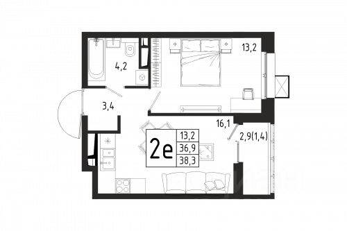 1-комн. квартира, 38,3 м², в ЖК «Берег»