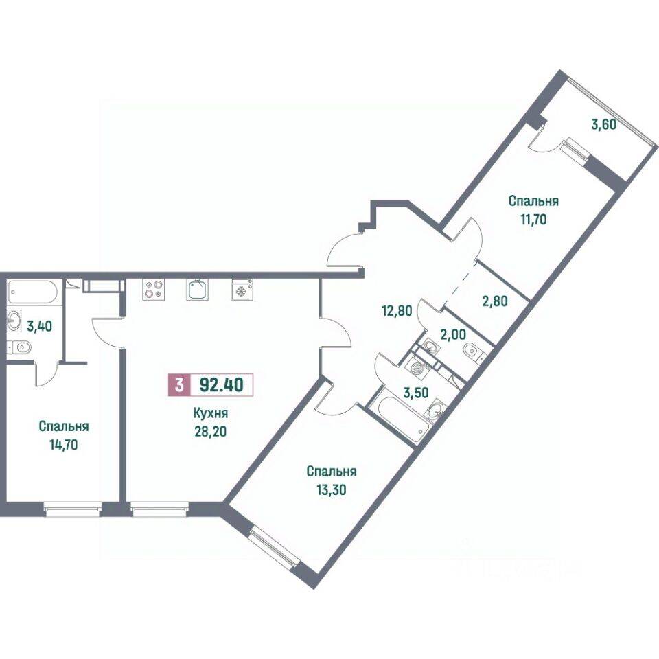 3-комн. квартира, 92,4 м², в ЖК «Фотограф»