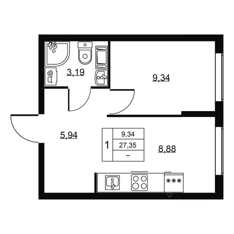 1-комн. квартира, 27,35 м², в ЖК Перспектива