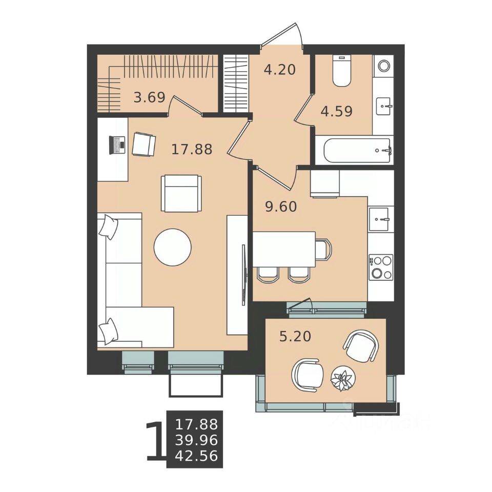 1-комн. квартира, 42,56 м², в ЖК Мишино-2