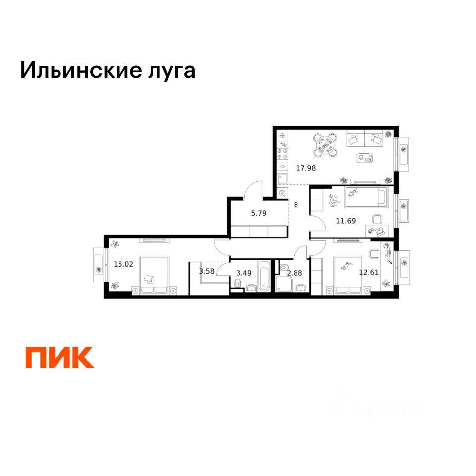 3-комн. квартира, 81,04 м², в ЖК «Ильинские луга»
