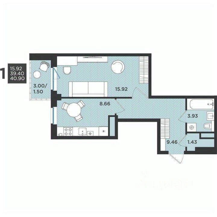1-комн. квартира, 40,9 м², в Малоэтажный ЖК Новокасимово