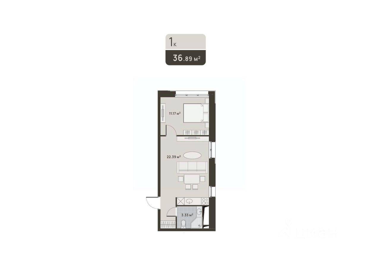 1-комн. квартира, 36,89 м², в ЖК «Дюна»