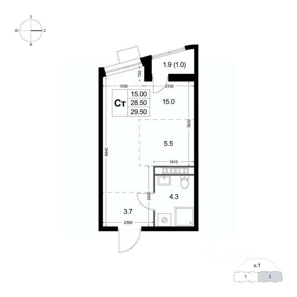 Квартира-студия, 28,6 м², в ЖК «Легенда Коренево»
