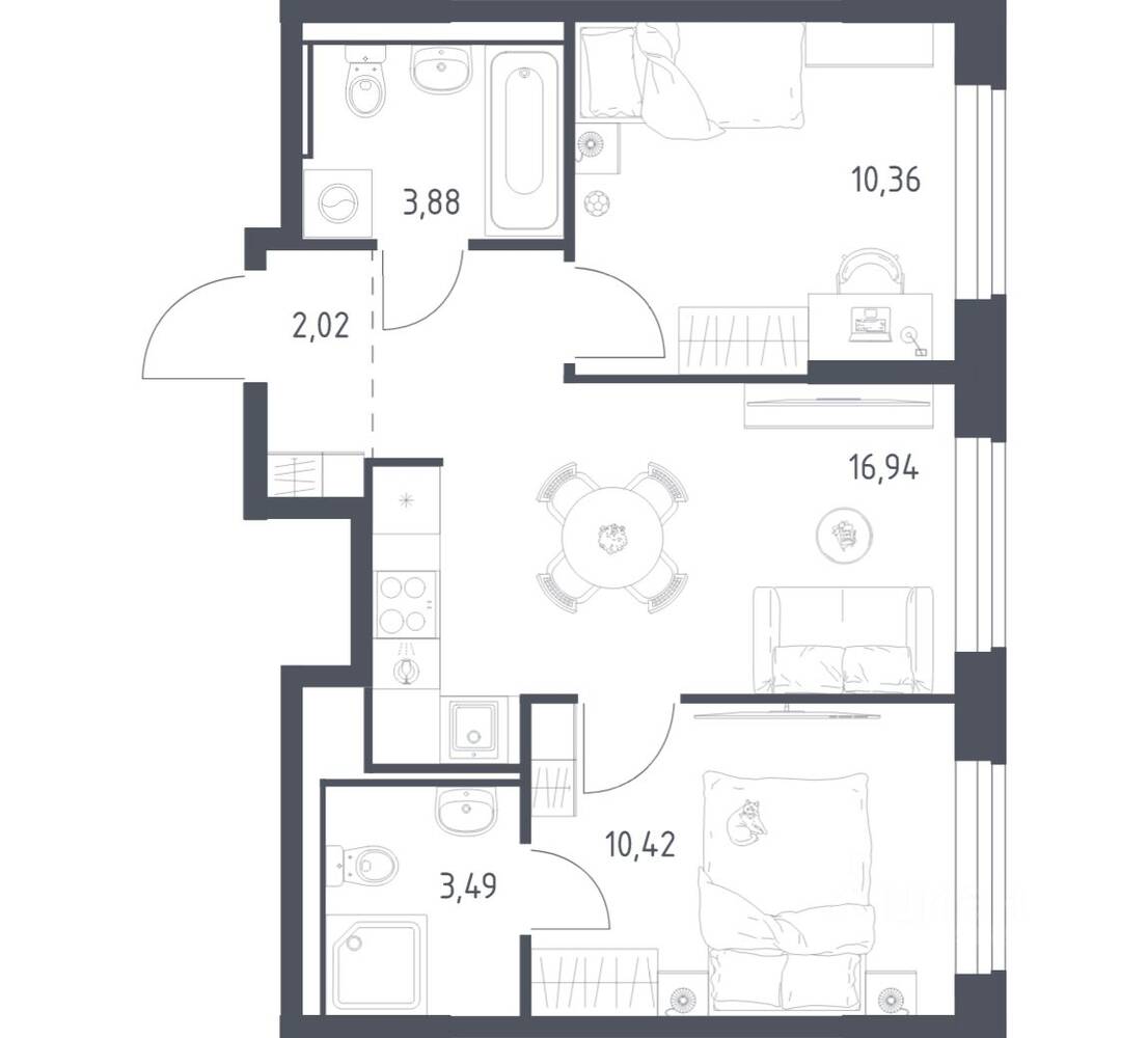 2-комн. квартира, 47,11 м², в ЖК Квартал Ивакино
