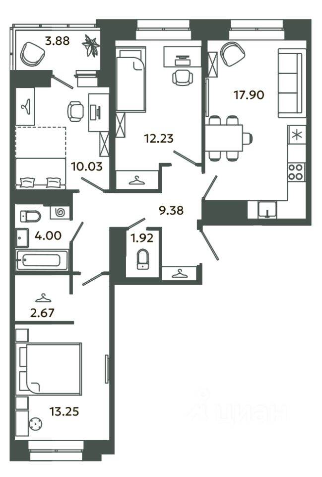3-комн. квартира, 71,38 м², в ЖК Загляденье