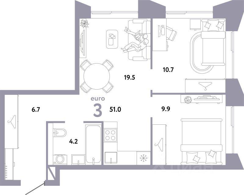 3-комн. квартира, 51 м², в ЖК Страна.Заречная