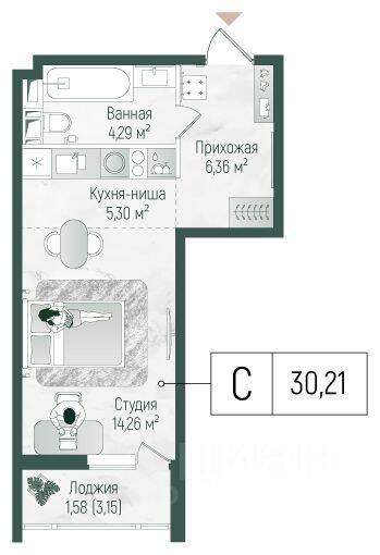 Квартира-студия, 31,5 м², в ЖК Riga Hills