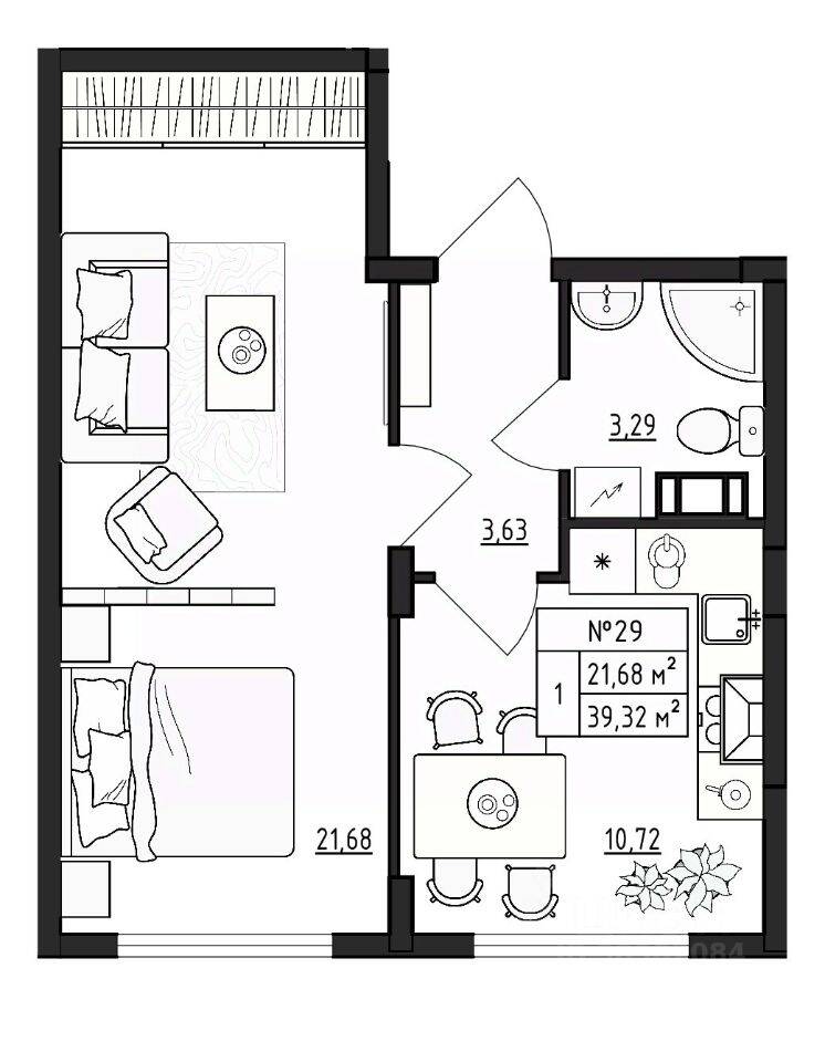 1-комн. квартира, 39,32 м², в Малоэтажный ЖК Верево-Сити